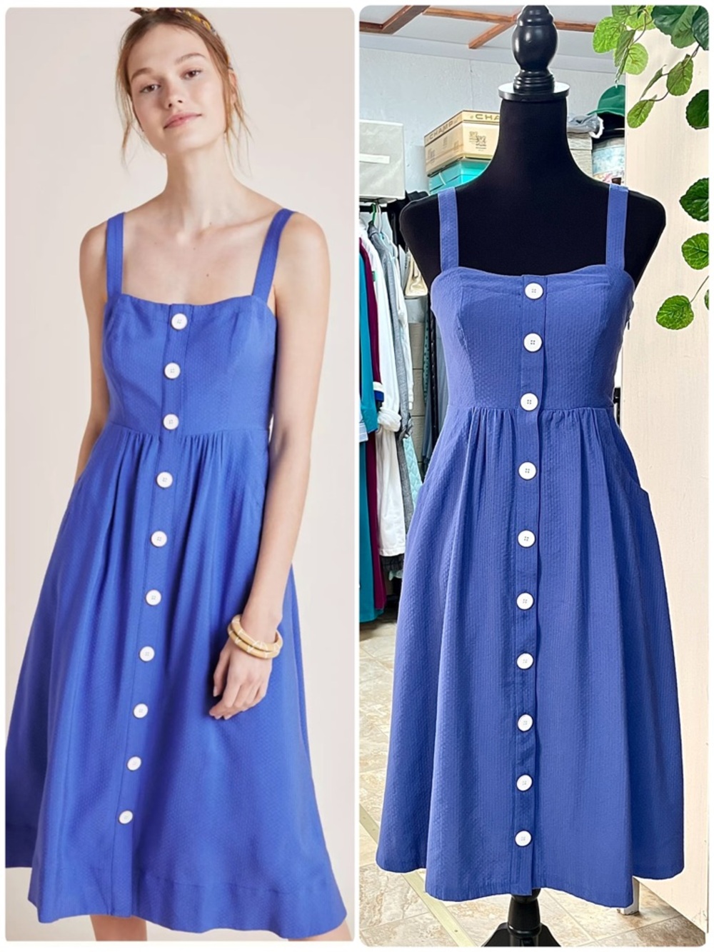Anthropologie Maeve Rosemary Blue Seersucker Midi Dress Button Front Size 2